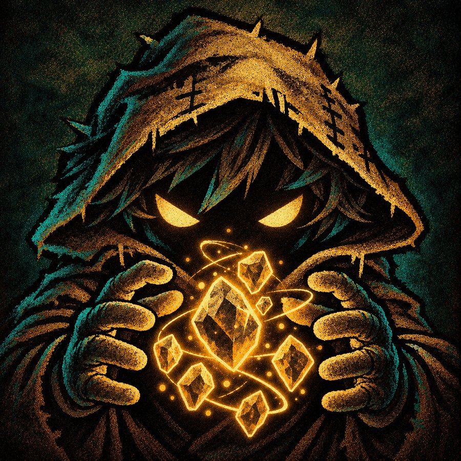 Varia, the hooded mage, holding a cluster of glowing crystals